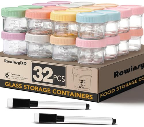 RowinsyDD 32 auslaufsichere Gläser für Babynahrung mit Deckel, BPA-frei, gefrier- und mikrowellengeeignet, 118 ml