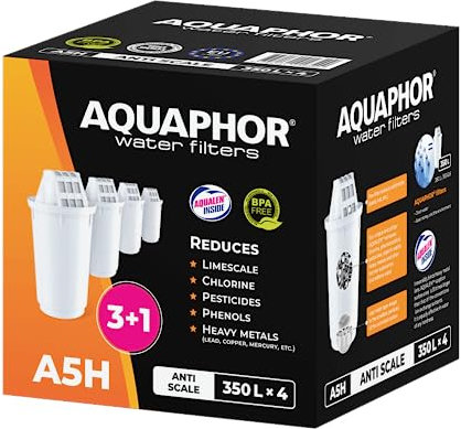 AQUAPHOR A5H Wasserfilter Kartusche Ersatzwasserfilter Ersatzfilter Pack 3 +1 für hartes - kalkhaltiges Leitungswasser passend für Provence Prestige Atlant Arctic und Smile Tischwasserfilter