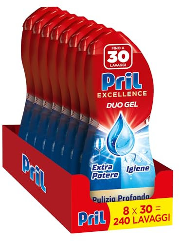 Pril Duo Gel, Detersivo lavastoviglie Gel, Azione Igiene, Formato da 8 Confezioni da 30 Lavaggi, 240 Lavaggi