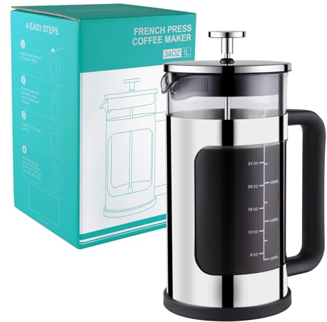 wedrink 8 cups French Press Cafetiere 1 Liter French Press Coffee Maker with 4 Level Stainless Steel Filter Heat Resistant Glass Coffee Tea Maker (34oz Black)