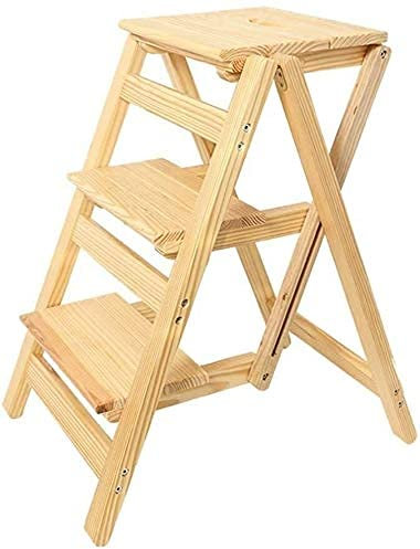 Step Stool Folding Chair Stool/Ladder with 3 Hinges Wooden Household Stool Non-Slip Protection High Stool Garden Tools Height 66Cm Heavy Load Max. 150 Kg Step Stool/Wood