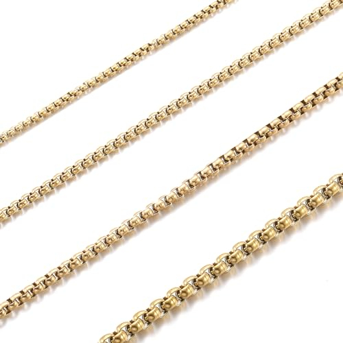 RWQIAN Herren Edelstahl Kette Gold 65cm Venezianierkette Männer Briolette Kette Box Halskette Breite 2MM für Damen