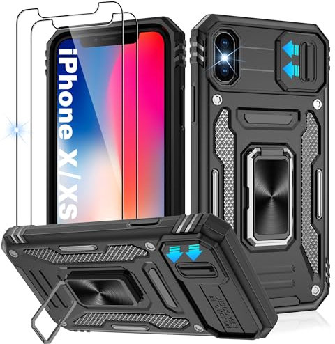 Jshru for iPhone X Case with Screen Protector [2 Pack] and Slide Camera Cover,Shockproof iPhone XS Case,Ring Kickstand Phone Cover for iPhone X/XS,Black
