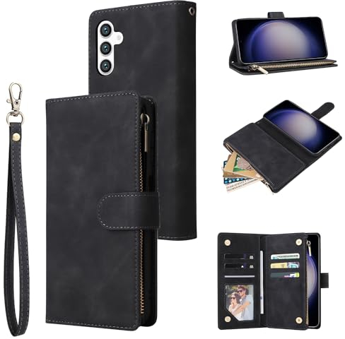 QLTYPRI Hülle für Samsung Galaxy S24, Premium Leder Handyhülle mit Große Kapazität 6 Kartenfach & 1 Reißverschluss Tasche Ständer Schutzhülle für Samsung Galaxy S24 - Schwarz
