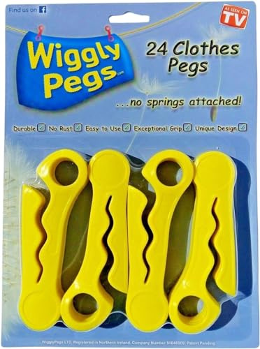 WigglyPegs Clothes Pegs - No Spring - Easy Grip Arthritis friendly - Durable, Exceptional Grip, Stops Clothes Sliding on Clothesline, Washable, Premium Quality, Storm proof. (1 x 24 Pack (24 Pegs))