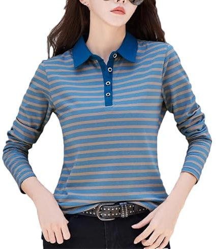 REHJJDFD Women'sn Long Sleeve Striped Cotton Polo Shirt Stretch Slim Knitted Waistband Shirt Top