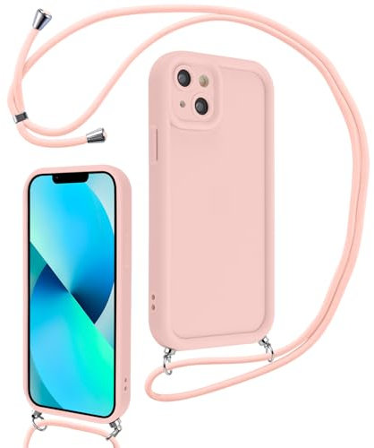 Coalbooliy Coque pour iPhone 14 6,1 avec Cordon de Collier Réglable, Etui Protection de la Caméra Silicone Souple TPU Antichoc Housse avec Corde Lanyard Cover pour Femmes Filles, Rose