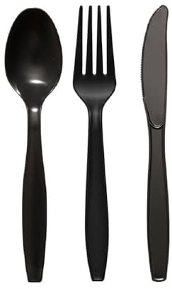 Tezraftaar® 300 x Tithe Heavy Duty Black Plastic Cutlery Set Reusable 100pcs Spoons 100pcs Forks 100pcs Knives BPA Free Durable Catering Wedding Kids Parties Picnic Traveling