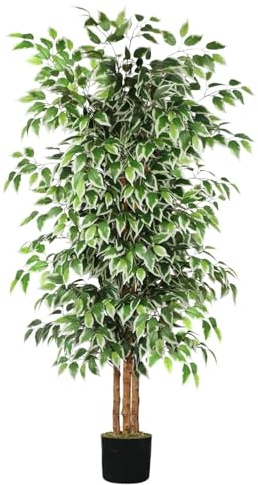 Fake Plants Indoor, 5.9ft Ficus Tree Artificial, Tall Fake Tree With Natural Trunk Faux Trees Indoor Silk Ficus Leaves Fake Potted Office Decorations