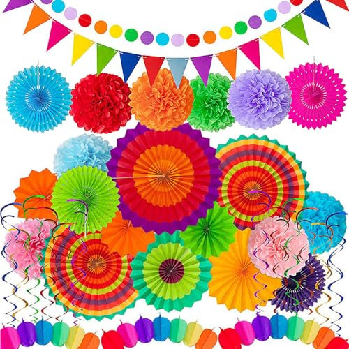 Voarge Kit Décoration Fête Colorée 34 Pièces, Éventails en Papier Suspendus, Pompons, Rubans en Tissu, Guirlandes de Fanions, pour Anniversaires
