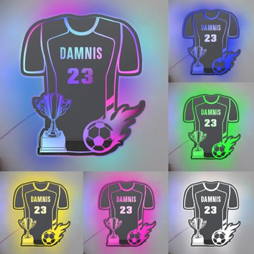 Personalized Soccer Jersey Mirror Neon Sign, Custom Name&Number Acrylic Light Up Soccer Led Neon Signs, Birthday Christmas Sports Wall Art Decor Gifts for Boyfriend Son Husband Football Lovers