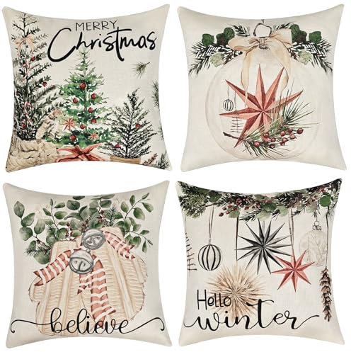 Joyoldelf 4er Set Kissenbezug Weihnachten - 45x45cm Kissenbezüge Weihnachtsdeko für Schlafzimmer Sofa Wohnzimmer Büro Kissenhüllen Deko (Beige)