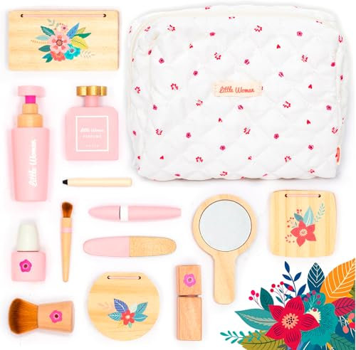 UMU® Kinder Holz Design Schmink-Set mit Kosmetiktasche inkl. Make-up, Spiegel, Parfüm u. v. m., Kosmetikkoffer zum Rollenspiel, 17-TLG. Holzschminke Spielzeug für 3, 4, 5 Jahre alt Mädchen