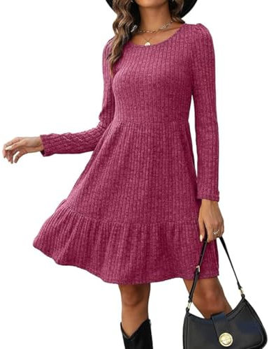 ABNGOO Femmes Manches Longues Pull Robe Couleur Unie Élégant Col Rond Robe Tricot Taille Haute Robe(Rose,L)