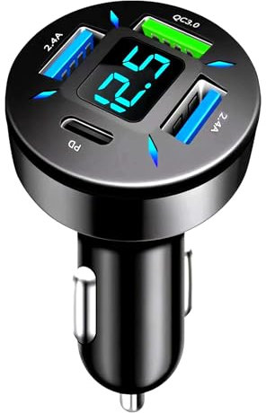 4 Porte Caricatore da Auto USB C, 62W Caricabatterie Auto Accendisigari QC3.0 PD con Voltmetro LED, Caricabatterie Veloce Accendisigari Compatibile con iPhone, Android, Samsung e Tablet