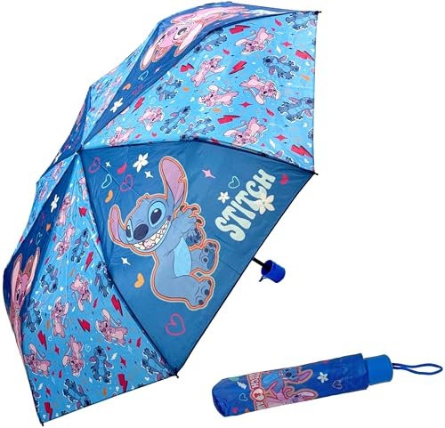 Clondo Faltbarer Regenschirm für Kinder, für Stitch und Angel Fan, Durchmesser geöffnet 80cm, Kompakt und Leicht, Ideal auch für die Schule