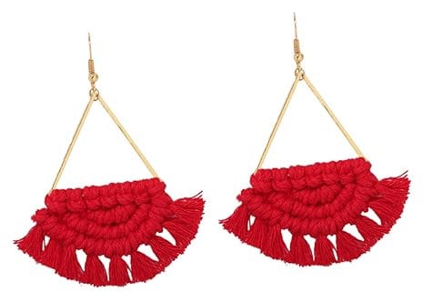 AOKWAWALIY Style Fan Shaped Earrings Red Woven Ear Pendants Costume Jewellery for Women's Party Beach Casual
