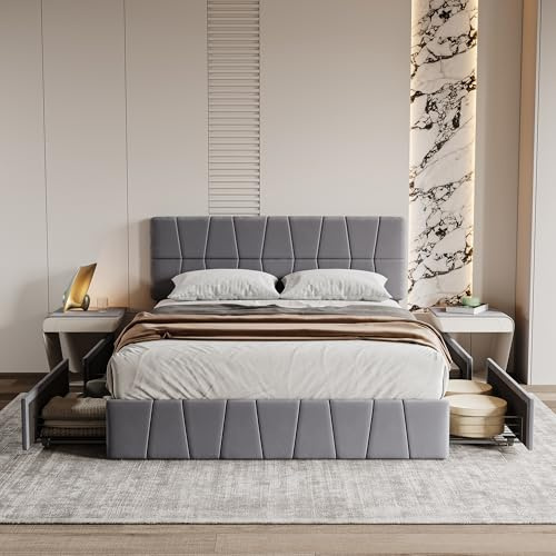 Gepolstertes Doppelbett 160x200cm, Doppelbettgestell 160x200cm, Doppelbett mit 4-Schubladen, Kopfteil, Flacher Nudelsockel, Keine Matratze, grau