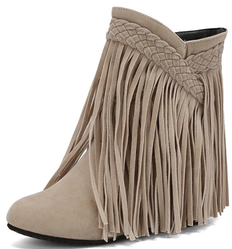 Lizoleor Keilabsatz Runde Zehen Damänner Fransen Stiefel Ohne Verschluss Interne Erhohen Klassischer Wildleder Mode Lack Stiefeletten Beige Gr 40.5 EU/42Cn