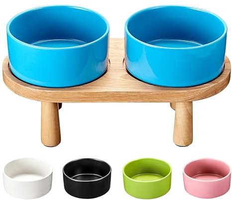 MOPANG Elevated Dog Bowls Ceramic for Medium and Small Breed, Dog Food and Water Bowl Set with Wood Stand, 3.5 Cups Dog Bowl Raised, 30FL.OZ, Baby Blue