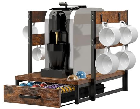 Evermagin Coffee Pod Holder, Vertuo Pod Holder Compatible with Nespresso, 28 Large or 56 Small Nespresso Capsule Organizer Drawer Station with Cup Rack, Rustic Brown