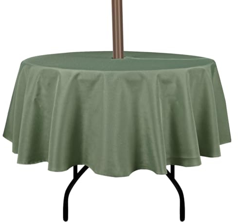 youngseahome Outdoor Tablecloth Wrinkle-Free Stain Resistant Waterproof Polyester Fabric Table Cover with Zipper Umbrella Hole for Picnic/Party/Dinner/Patio Garden(70inch Round,Zippered,Sage Green)