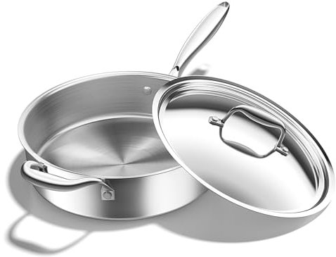 12 Inch 5-Ply Stainless Steel Frying Pan With Lid for Even Heating, 2.5 QT, Induction Compatible, Heat-Resistant Up to 1000°F, Non Toxic Saute Pan, Stainless Steel Skillet