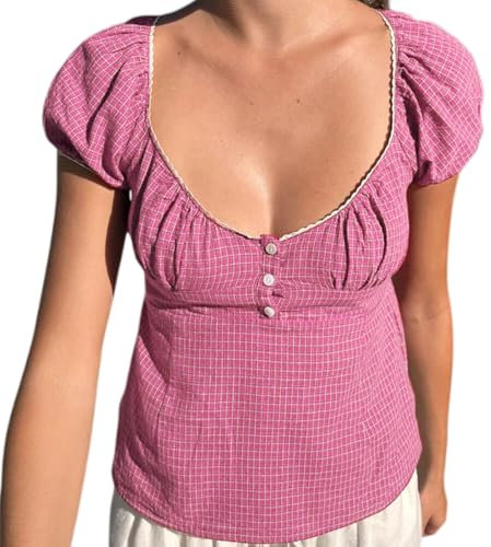 Eghunooye Damen Y2K Gingham-Crop-Top, Knopfleiste, V-Ausschnitt, Puffärmel, T-Shirt, lässig, Sommer, Babydoll-Top, Streetwear, rose, L