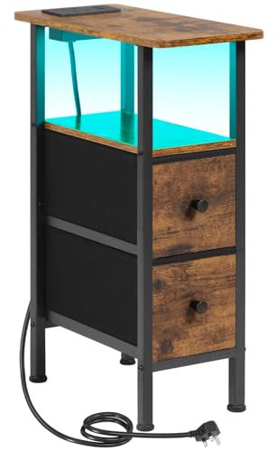 AMHANCIBLE Slim Bedside Table with Charging Station, Narrow Side Table with LED Lights, Small End Table with 2 Fabric Drawers, Nightstand for Small Spaces, Living Room, Bedroom, Black HETNDP02LBR-1