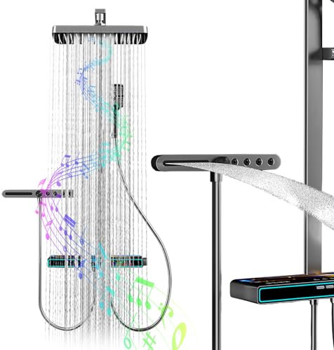 agreilduite Combo de Ducha de Pared Inteligente con Música - Kit de Ducha Termostática Musical con Cabezales Lluvia/Cascada/Manual, Panel Táctil - Pausa/Volumen Música, Batería 4000mAh,Black