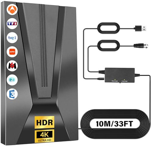 Antenne TV IntéRieur Puissante 10m avec Amplificateur Haute Sensibilité - RéCeption Claire & Stable, Facile à Installer, Portable Et RéSistante, IdéAle Maison, Camping Et Zones Rurales(1)