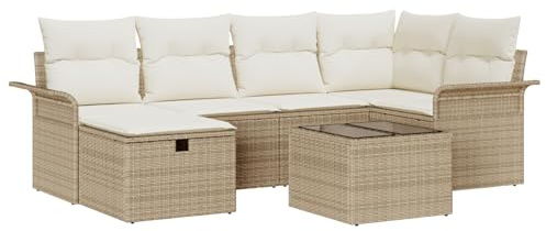 vidaXL 7-teiliges Garten-Sofa-Set mit Kissen, Outdoor-Beige, Poly-Rattan, wetterfest, modulares Design, perfekt für Sommer-Events, Terrassenmöbel, Sitzgruppe, Lounge-Couch-Kollektion, Ecksofa