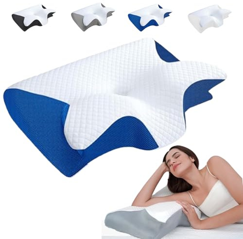 Donubiiu Ergonomisches Nackenstützkissen–Atmungsaktives Memory Foam Kissen mit lichtblockierenden Schlafmasken-Ohrstöpseln für Seiten-,Rücken-&Bauchschläfer (Blau,Kissenbezug)