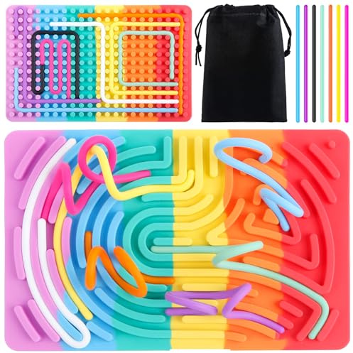 Sensory Activity Board, Fidget Toys for Kids, Silicone Double-sided Sensory Board with 20 Strings Portable Bag for Stress Relief Calming Focus, Colorful