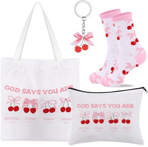 BAIEGOED Preppy Stuff for Girls, Women, Coquette Cherry Pink Bow Gift Set with Tote Bag, Makeup Pouch, Socks & Keychain Set - Versatile Multi-Use Accessories for School, Office, Travel & Dating