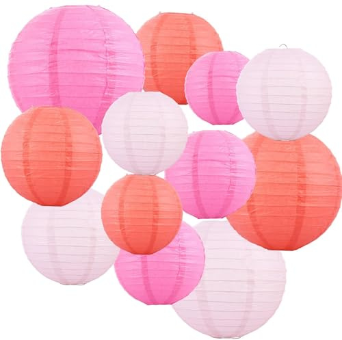 LOLYSIC 24 Stück Rosa und Orangrot Papierlaternen, Verschiedene Größen der Papier Lampions, Bunte Papierlaterne Runde für Hochzeiten Geburtstage (10,15, 20, 25cm Laternen)