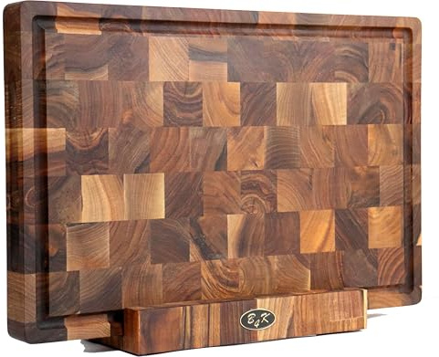 B4K® Planche à Découper de 45x30x4cm avec Support en Bois de Noyer Massif | Antibactérienne en Bois de Bout avec Poignées, Pieds en Silicone et Rigole pour Jus