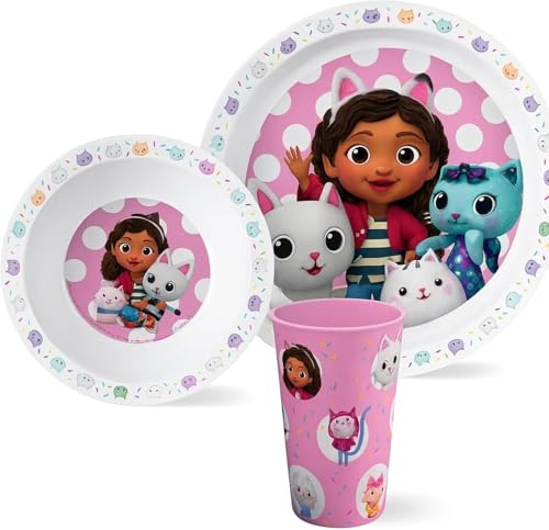 Gabbys Dollhouse Kindergeschirr Set 3-teilig – Teller, Schale, Becher | Becher 260 ml, Kunststoff in Weiß – spülmaschinen- und mikrowellengeeignet, bruchfest, ab 3 Jahren
