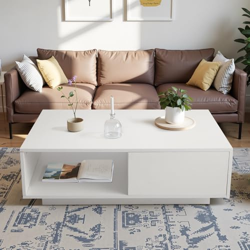 Sumshadow Weißer Couchtisch, Wohnzimmer-Beistelltisch mit Schubladen, viel Stauraum, geeignet für Wohnzimmer und Büros. Maße: 90 cm x 55 cm x 31 cm