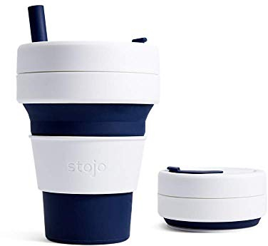 STOJO On-The-Go Biggie Collapsible Coffee Cup - 16oz / 473ml - Reusable & Foldable Silicone Travel Mug with Lid - Portable, Pocket Size - Dishwasher Safe - Indigo