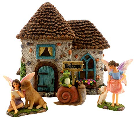 PRETMANNS Feengartenhaus Bausatz - Komplett mit Zubehör für einen Miniaturgarten im Freien, Figuren mit Frosch und Schnecke Schild - Haus 15 cm hoch mit Tür zum Öffnen - 4 Teile
