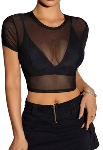 Avidlove Mesh Crop Tee Short Sleeve See Thru Shirts Sexy Sheer Tops for Women Y2K Outfits Black S