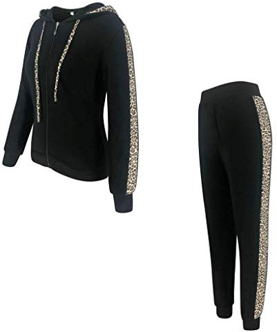 Tuta Donna Sportiva Completa Leopardo Tuta da Ginnastica Primavera Cerniera Cappuccio Giacca Tracksuits Set per Jogging e Palestra Sport all'aperto