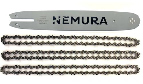 Nemura Guide de 35 cm + 3 Chaînes de tronçonneuse - 50 Maillons Entraîneurs - Pas 3/8LP - Jauge 0.50 (1,3mm) - Pièces Détachées pour Outillage Jardin de qualité professionnelle - Marque Française