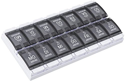 WELLGRO Tablettenbox für 7 Tage - Pillendose je 2 Fächer pro Tag - Klappdeckel mit Druckverschluss - Pillenbox Kunststoff BPA-frei - Farbe wählbar, Farbe:Schwarz