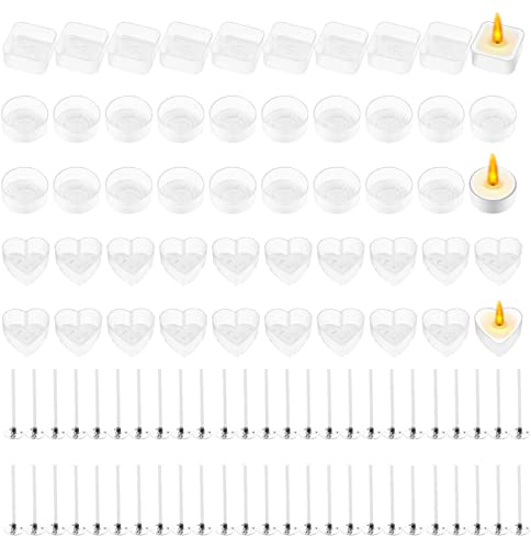 50pcs Tea Light Candle Cup,Plastic Clear Candle Cup Holders,Heart Square Round Shapes Tealight Cups,50pc Candle Wicks for DIY Candle Making