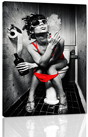 Sexy Wandkunst für Badezimmer-Dekor, schwarz-rot, Bilderdruck auf Leinwand, moderne Frau in Rot, Dessous, Poster, Mädchen, Rauchen, sitzend, WC, Leinwandbild, fertig zum Aufhängen, 45.7 cm Bx61 cm H