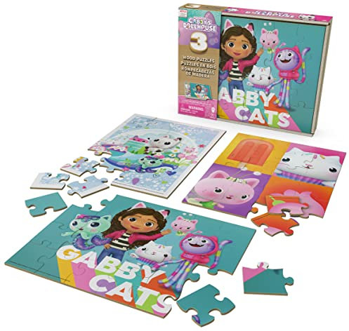 Gabby’s Dollhouse Holzpuzzle-Sammlung, 3 miau-tastische Puzzle-Motive mit stabiler Holzbox zur Aufbewahrung, jedes Motive besteht aus 24 Teilen, Puzzle-Spaß für alle Gabby-Fans ab 3 Jahren