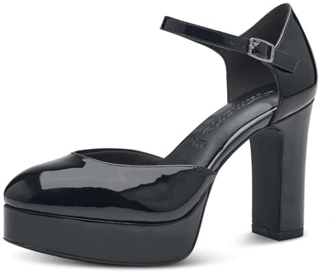 Tamaris Damen Pumps mit Riemen Vegan Blockabsatz; BLACK PATENT/schwarz; 38 EU