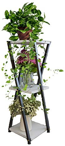 Mehrstufiger Blumenständer aus Metall und Holz, Wohnzimmer, Garten, Balkon, Pflanzenregal, Blumenbank für den Innen- und Außenbereich (Weiß 100 cm)